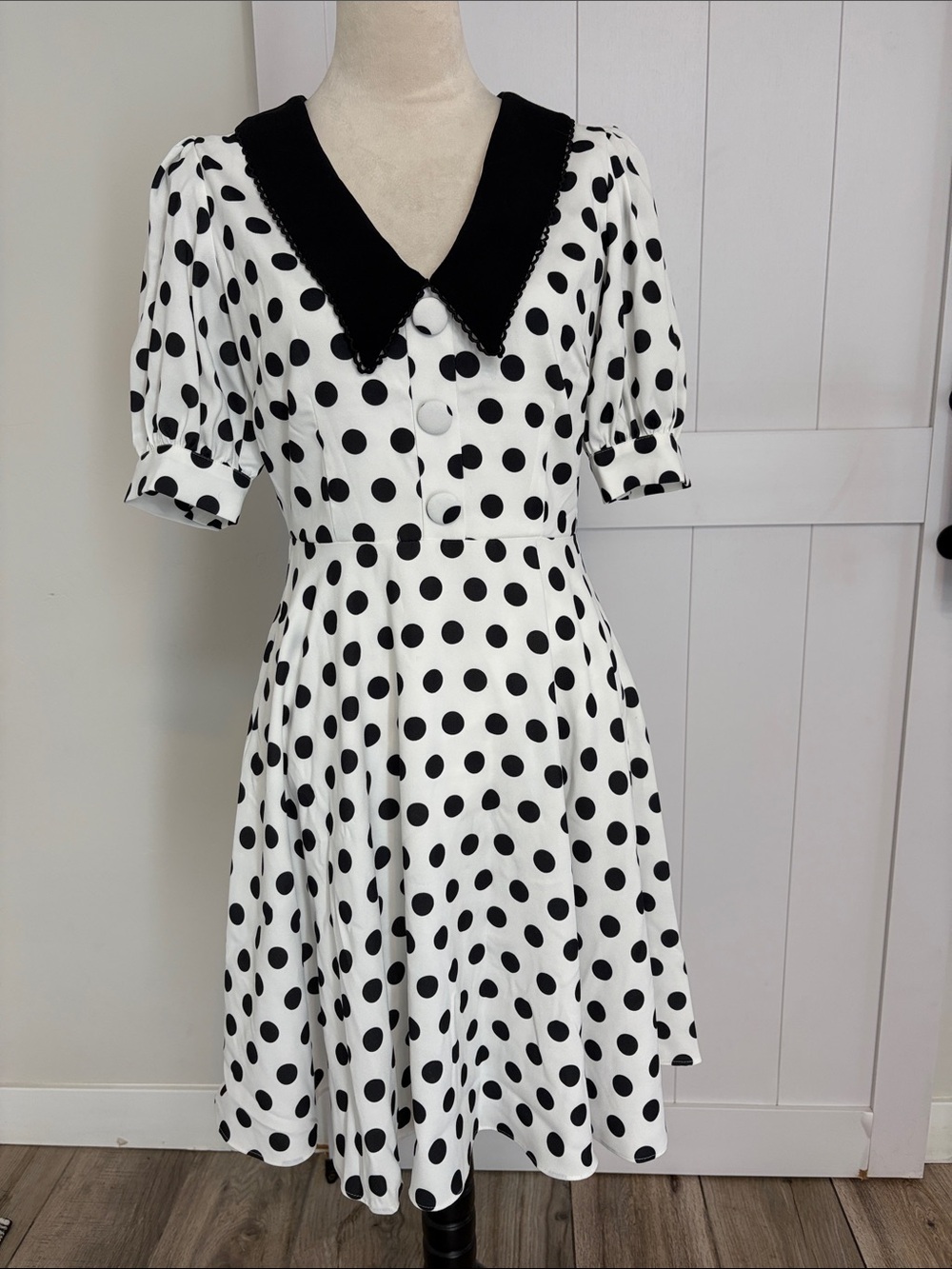 Black & White Polka Dot Midi Dress with Contrast Collar